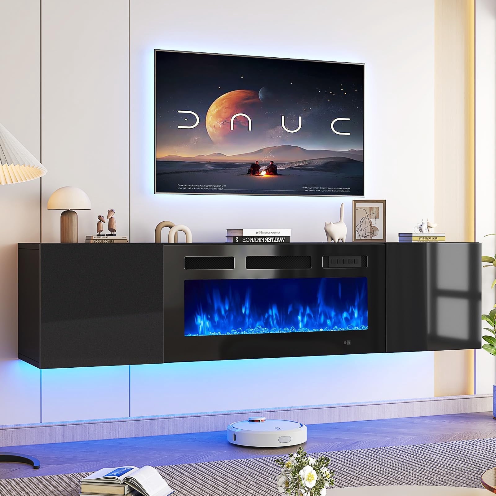 Easoger Floating TV Stand with 36" Electric Fireplace, Wall Mounted Fireplace Entertainment Center with Storage for TVs Up to 80", Adjustable Partition, Black/White (All Black)