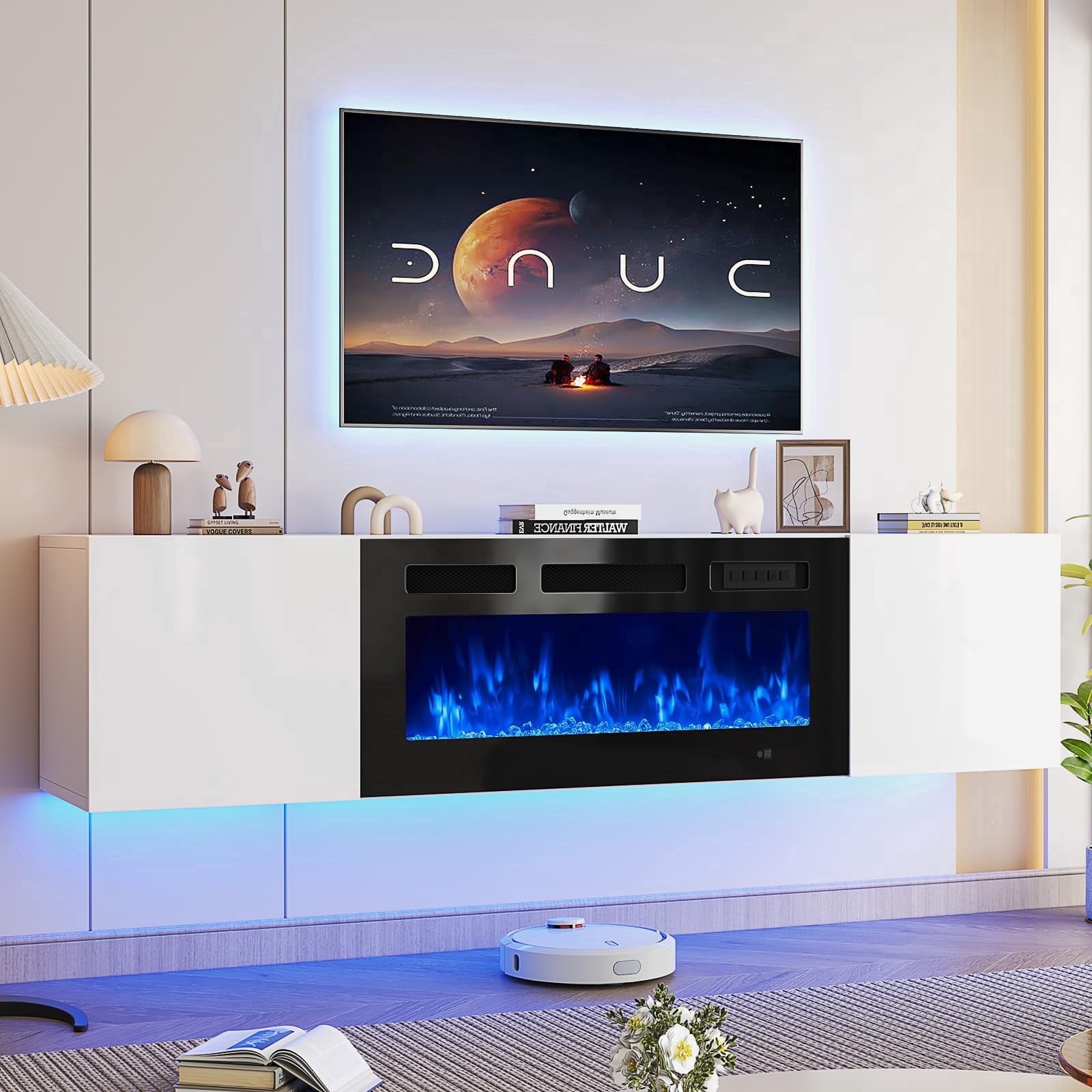 Easoger Floating TV Stand with 36" Electric Fireplace, Wall Mounted Fireplace Entertainment Center with Storage for TVs Up to 80", Adjustable Partition, Black/White (White TV Stand + Black Fireplace)