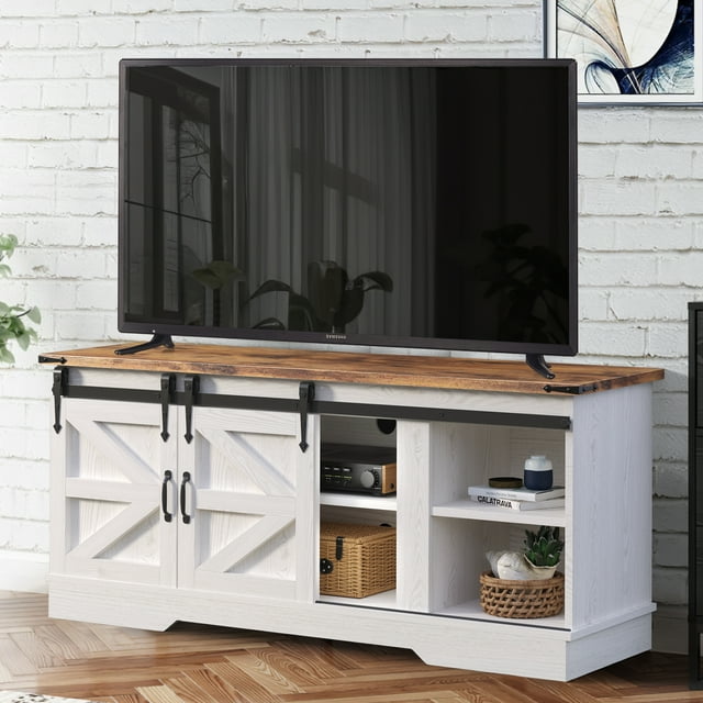 Oneinmil Modern Farmhouse Barn Door TV Stand for TVs up to 65", for Living Room, Bedroom, White