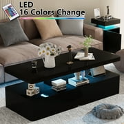 Easoger Modern Stylish Coffee Table with 16 Colors LED Lights, Double-Layer Design for Living Room, Black High Gloss Acrylic