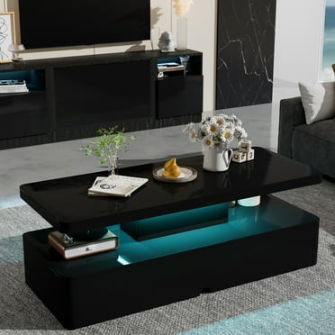 Oneinmil Modern Stylish Coffee Table with 16 Colors LED Lights, Double-Layer Design for Living Room, Black High Gloss Acrylic