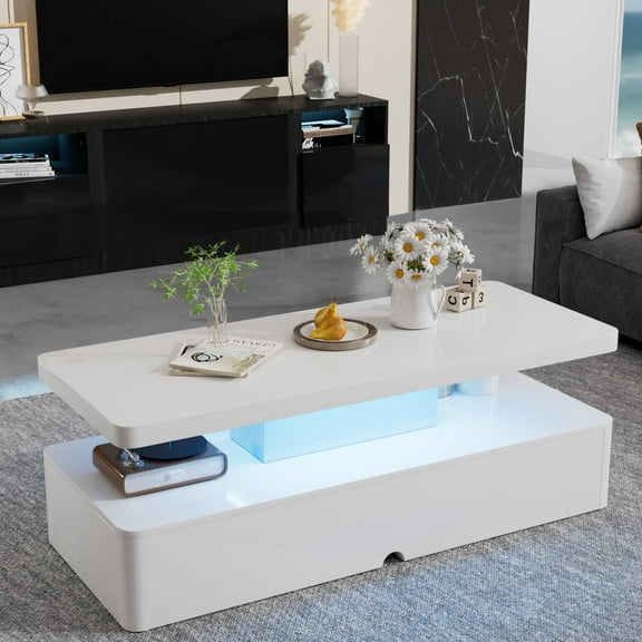 Easoger Modern Stylish Coffee Table with 16 Colors LED Lights, Double-Layer Design for Living Room, White High Gloss Acrylic