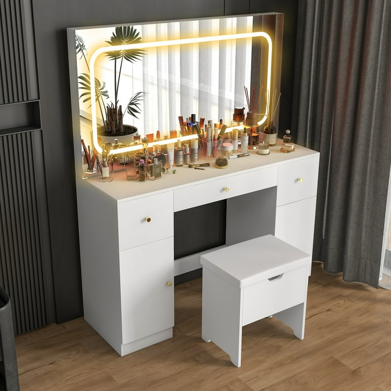 Oneinmil Modern Vanity Table with Mirror, with Adjustable 3 Color LED Light  & Charging Station, 3 Drawers & 2 Cabnits Makeup Vanities Dressing Table