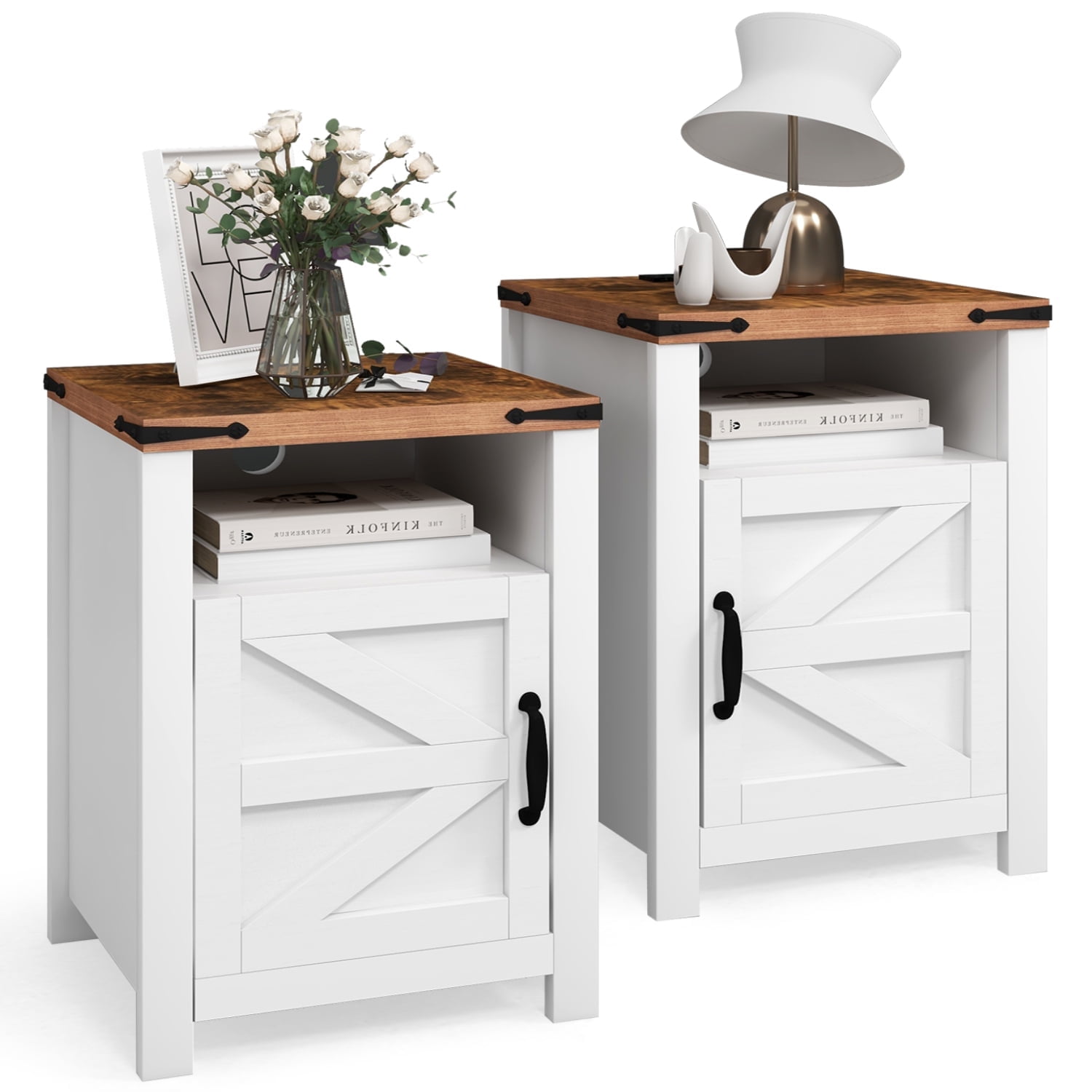 Oneinmil Nightstand with Charging Station 2-Piece Set, Farmhouse End Table with Barn Door &Storage Space for Livingroom and Bedroom, White - Walmart.com