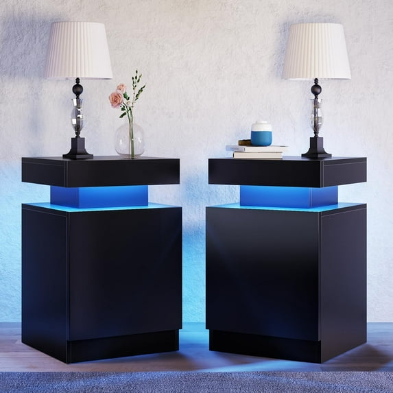 EVmore Set of 2 Home Nightstand, Black, with 24 Color LED Lights