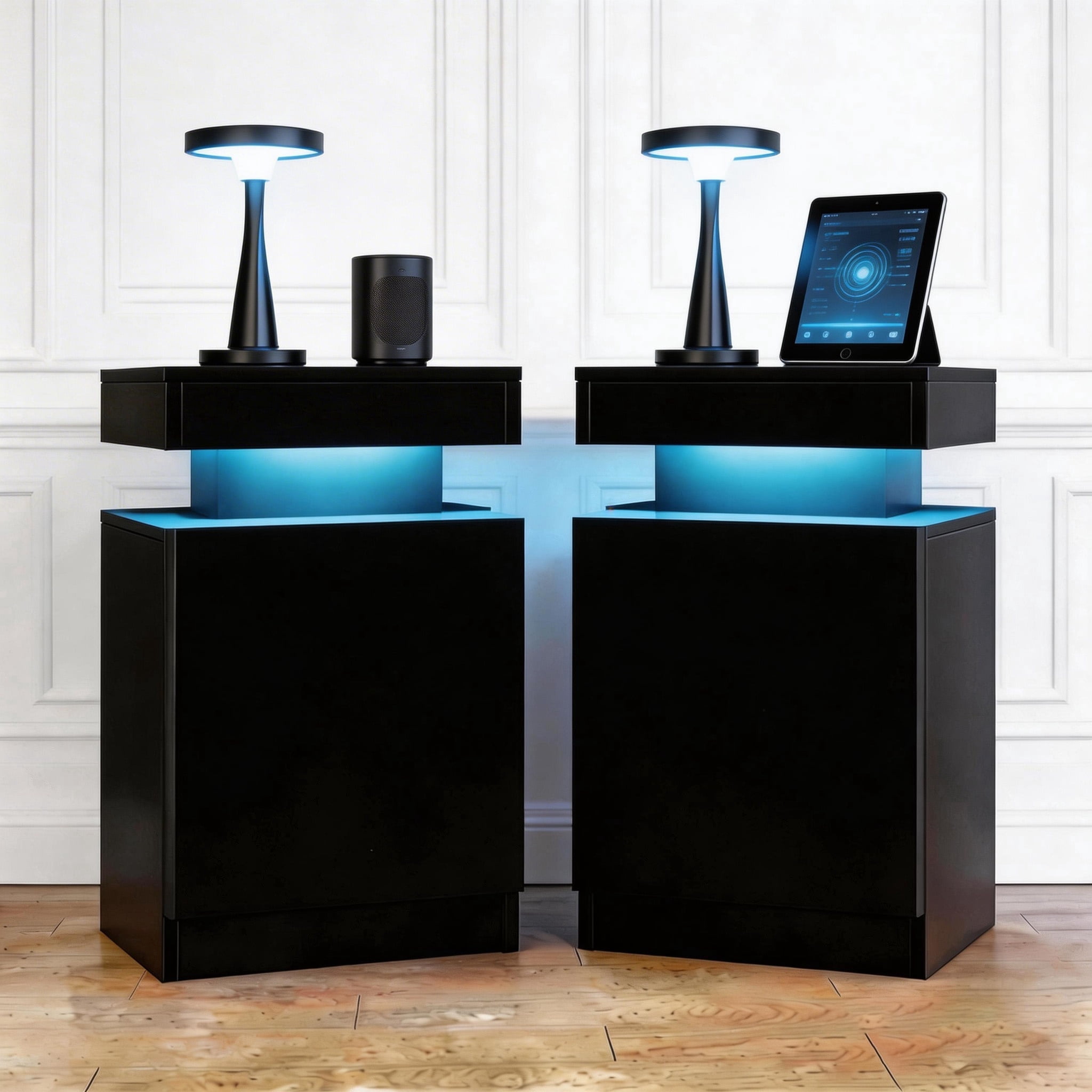 EVmore Set of 2 Home Nightstand, Black, with 24 Color LED Lights