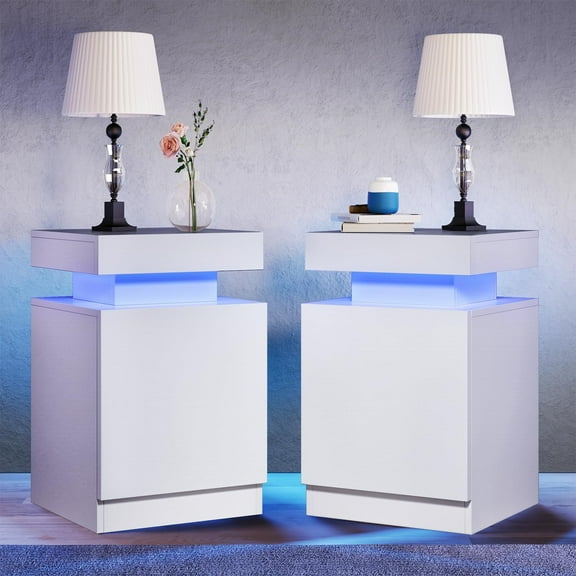 Easoger Home Nightstands Set of 2, 24 Color LED Lights, Modern Bedroom Side Table, White