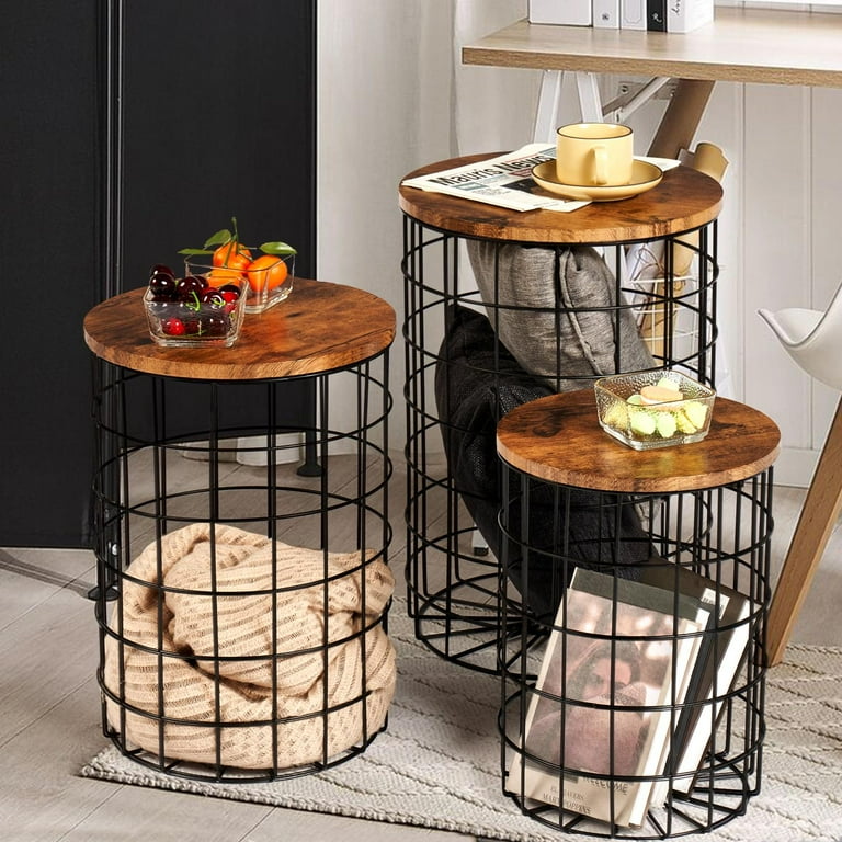 Oneinmil Set of 3 Nesting End Tables Rustic Side Tables with Removable Top Metal Frame Wire Basket Table for Living Room Home Office