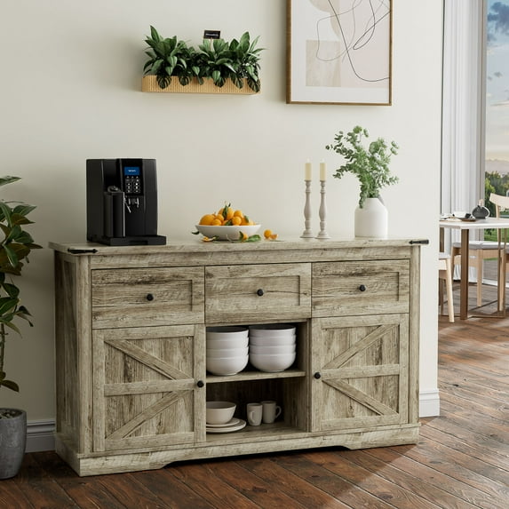 Oneinmil Storage Entryway Table, Farmhouse Sideboard Buffet with 3 Drawers & 2 Doors, Adjustable Shelves Cabinet for Living Dinning Room, Gray