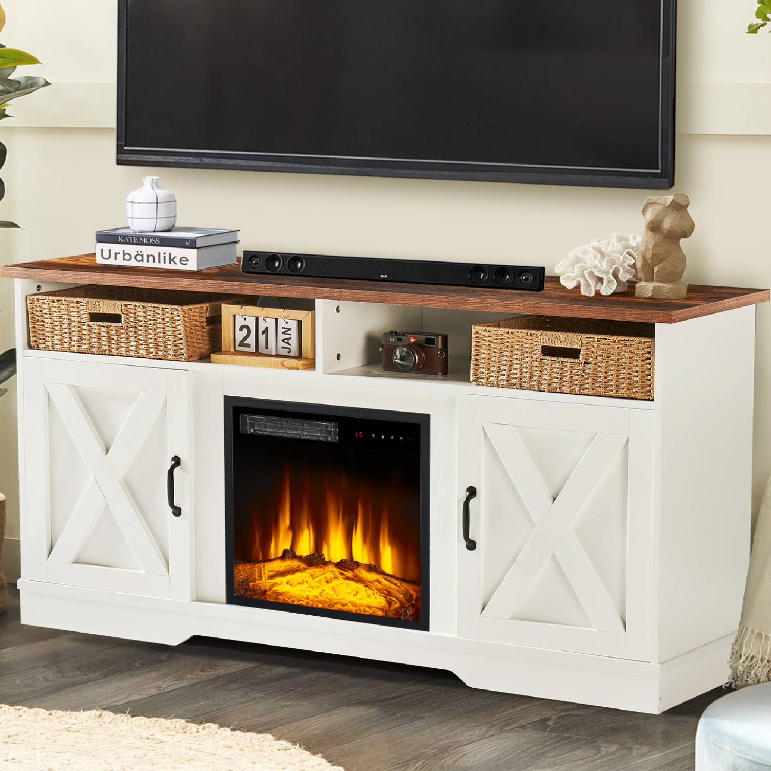 Oneinmil White Fireplace TV Stand up to 65", Wood Farmhouse Fireplace