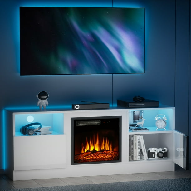 Oneinmil White TV Stand with Fireplace for TVs up to 65 inch, Fireplace