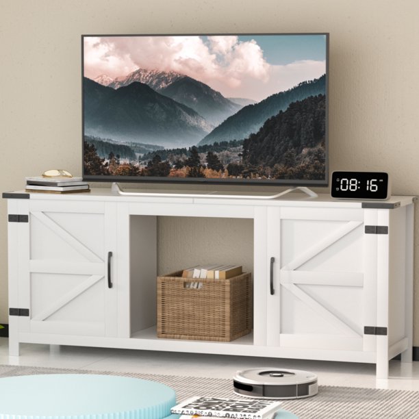 Oneinmil White TV Stand for TVs up to 65 inch, Farmhouse TV Console for