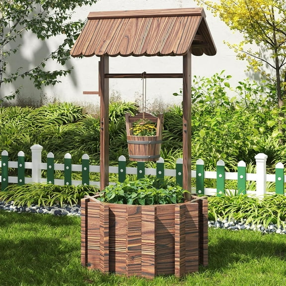 Oneinmil Wishing Well Planter for Yard, Outdoor Large Wooden Wishing Well with Hanging Bucket for Flower and Plants Wishing Well for Outside, Patio, Garden,