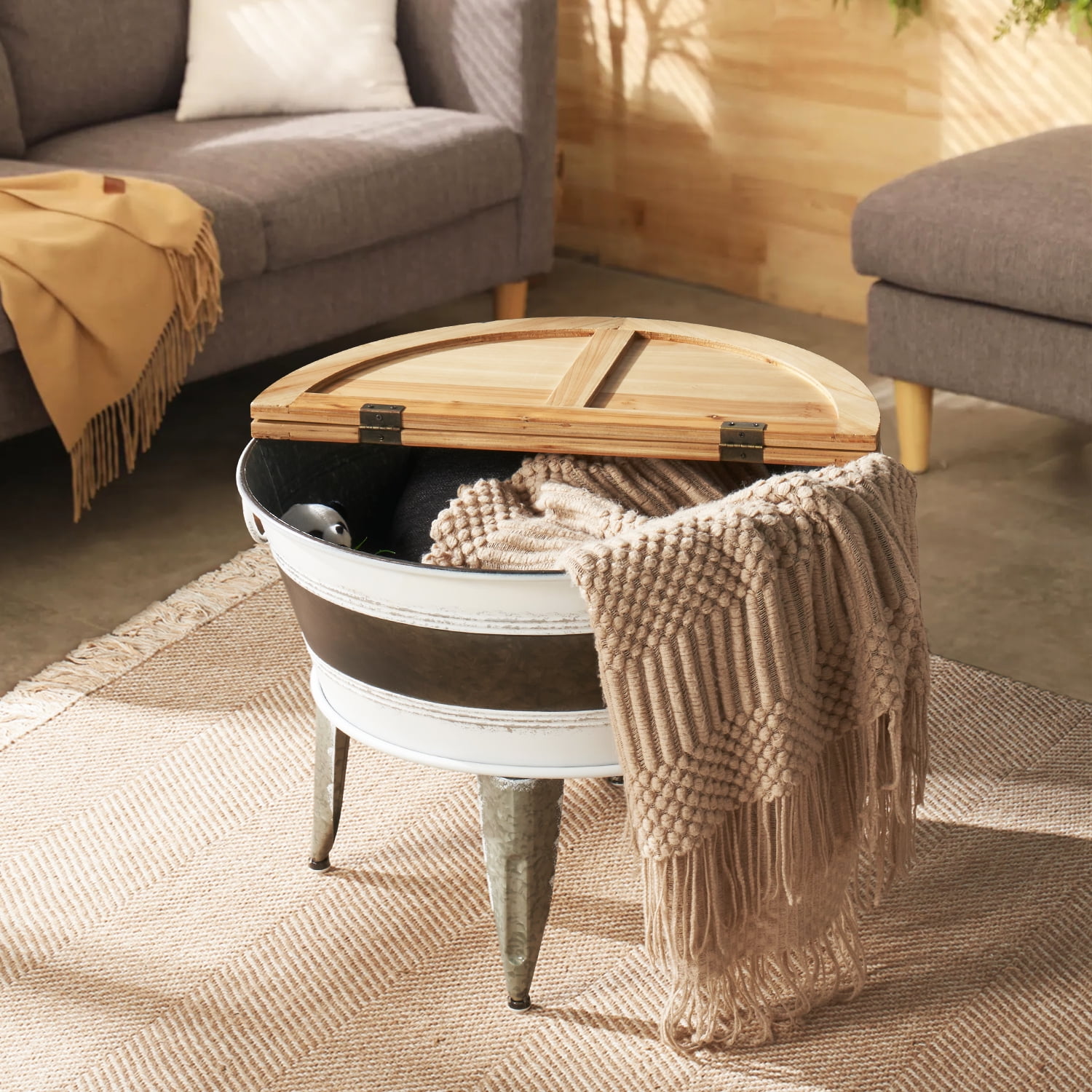 Oneinmil Wood Coffee Table with Storage, Rustic Antique Galvanized Metal End Coffee Cocktail