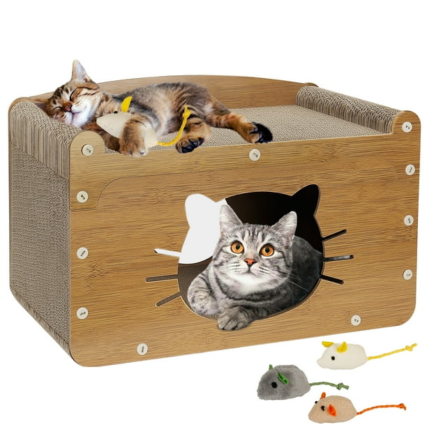 Oneisall 2 In 1 Cat Scratcher Cat Houses for Indoor Cats 2 Layer Cardboard Cat House 8 Sides Cat Scratching Board Cat Scratcher House with 3 Cat