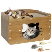 Oneisall 2 In 1 Cat Scratcher Cat Houses for Indoor Cats, 2-Layer Cardboard Cat House & 8-Sides Cat Scratching Board, Cat Scratcher House with 3 Cat Toys, Cat Furniture Cat Scratch Pad, Wood Color