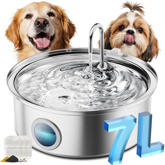 Oneisall 237Oz/7L/1.8G Dog Water Fountain, CW-07 Stainless Steel Dog Water Bowl Dispenser with Visual Window & Triple Filtration, Dog Fountain for Large Dogs/Multiple Dogs - Silver