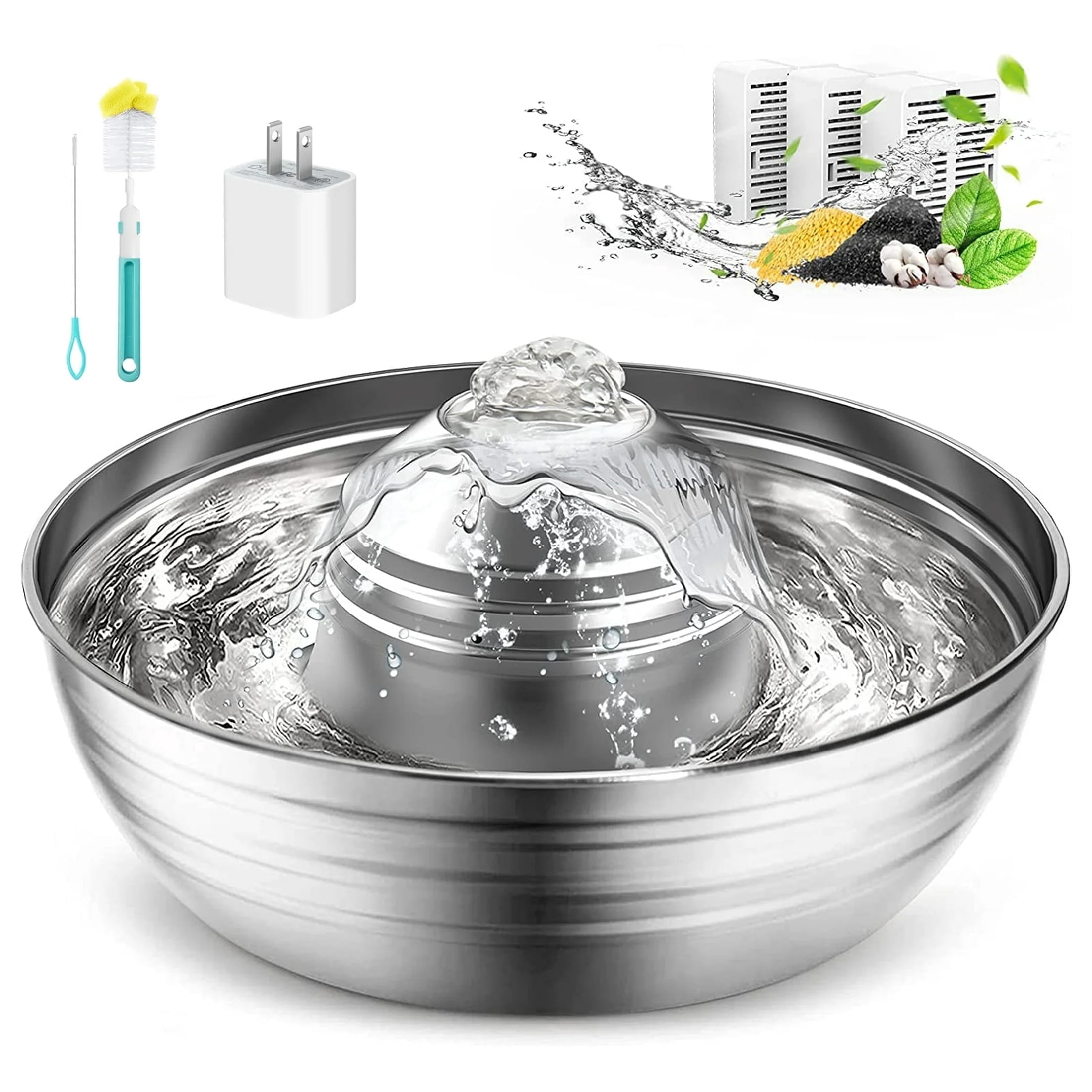 Oneisall CW-03 Cat Water Fountain 304 Stainless Steel, 2L/68oz Quiet Cat Fountain for Cats Drinking, Dual Filtration Cat Water Bowl for Kittens, Silver