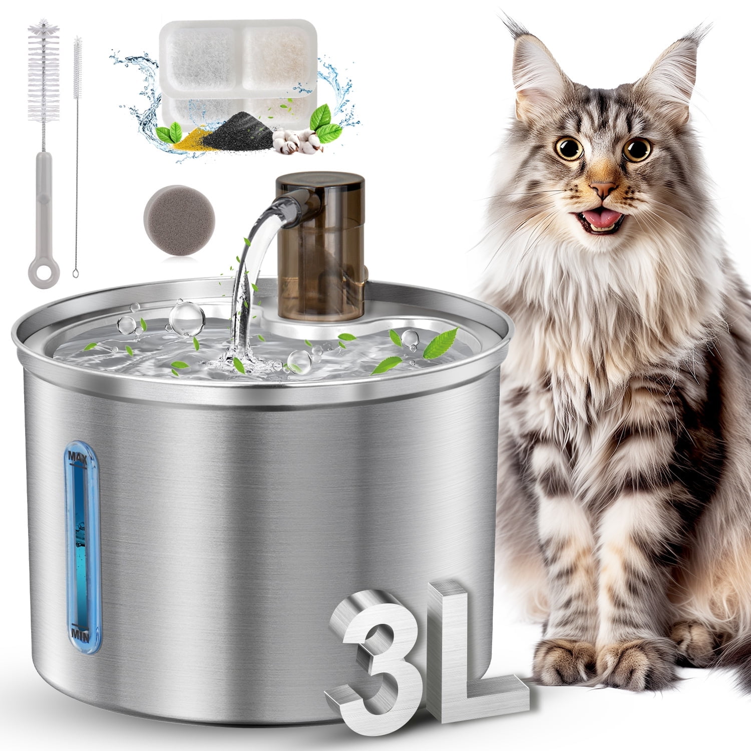 ZOESEEK 3L / 101oz Stainless Steel Cat Water Fountain - Ultra Quiet & BPA-Free Pet Water Dispenser With LED Light