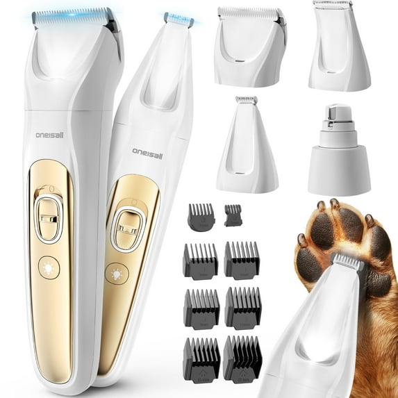 Oneisall 4-in-1 Cordless Dog Grooming Kit with LED Light, FC10 Dog Clippers & Dog Paw Trimmer & Dog Nail Grinder & Dog Grooming Clippers, White Gold