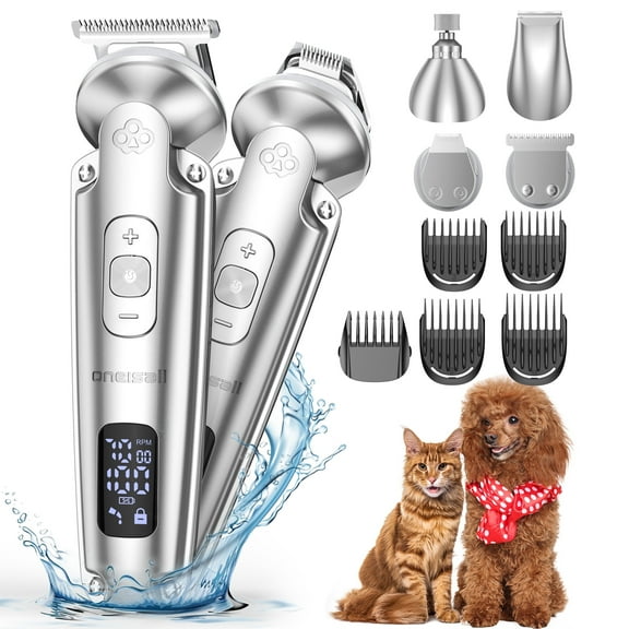 Oneisall 4-in-1 Dog Grooming Kit, FC09 Low Noise Dog Clippers and Dog Paw Trimmer, 3-Level Speed Waterproof Cordless Dog Grooming Clippers - Silver