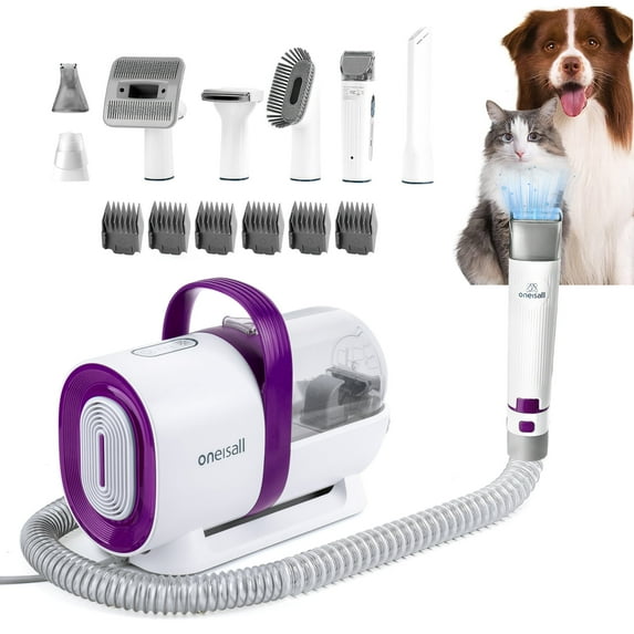Oneisall 7 In 1 Dog Grooming Kit, Low Noise Pet Grooming Vacuum with 1.5 L Dust Cup, Dog Vacuum for Shedding Grooming, with 7 Professional Grooming Tools for Dogs Cats Pet Hair &Home Cleaning, Purple