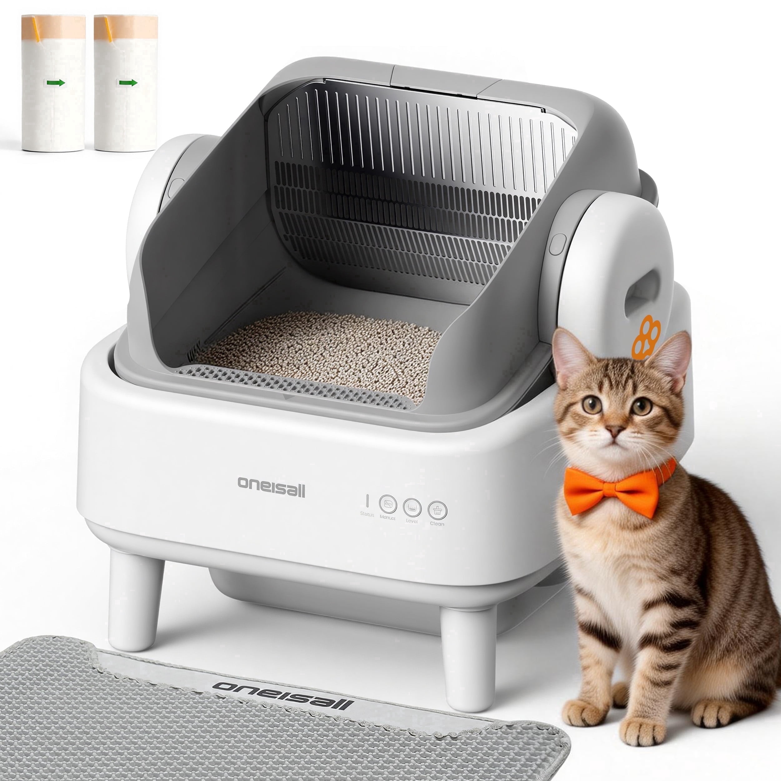 Oneisall AB01 Automatic Cat Litter Box with 17 Safety Sensors, Open Top Self Cleaning Litter Box for Multiple Cats, Automatic Litter Box White