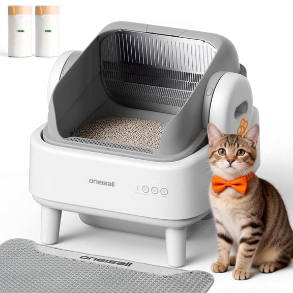 Oneisall AB01 Automatic Cat Litter Box with 17 Safety Sensors, Open Top Self Cleaning Litter Box for Multiple Cats, Automatic Litter Box White