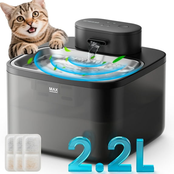 Oneisall CW-04 Wireless Cat Water Fountain Stainless Steel Tray, 2.2L/74oz Low Noise Cat Water Dispenser, Cat Drinking Fountain with 3 Filters- Silver