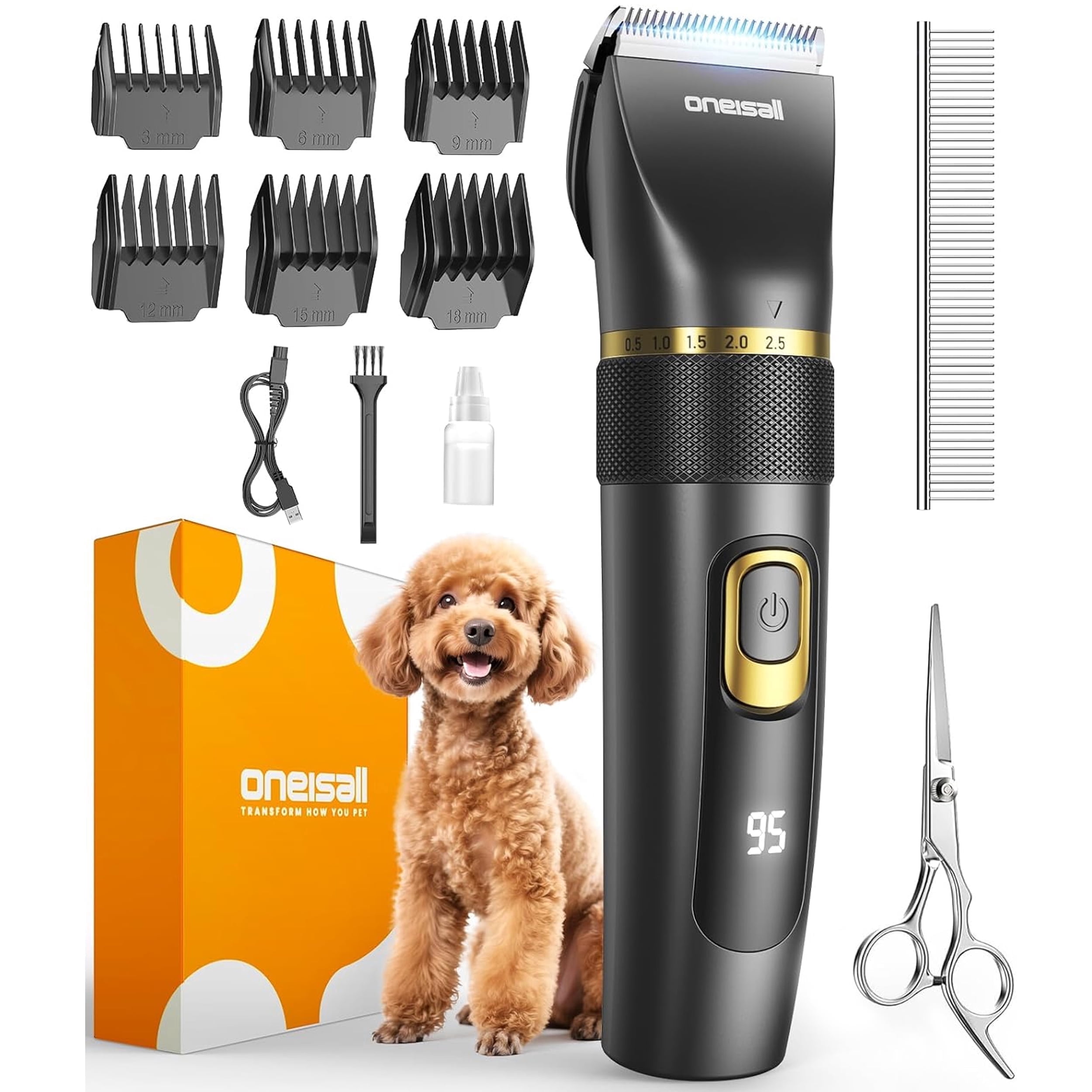Oneisall DC-200 Dog Clippers, Adjustable & Detachable Blade, IPX7 Waterproof, Home Dog Grooming Kit, Black