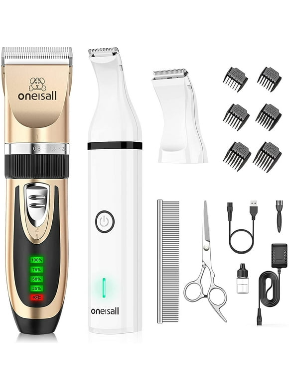Oneisall Dog Clippers and Dog Paw Trimmer Kit 2 in 1 Low Noise Cordless Dog Clippers for Grooming Pet Hair Trimmers for Small and Large Dogs Cats Animals