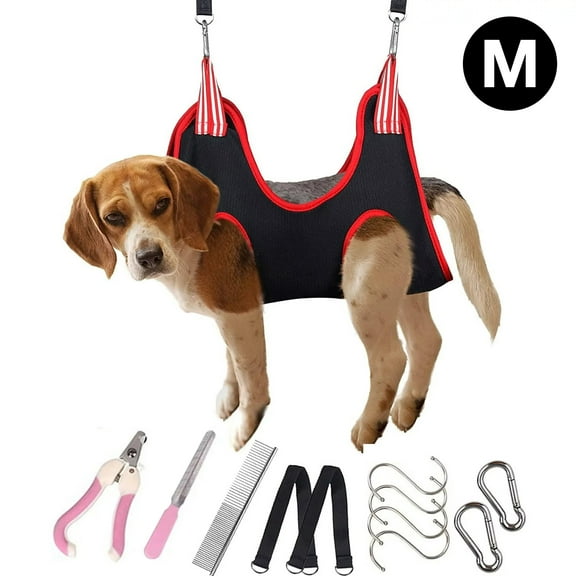 Oneisall Dog Grooming Hammock Harness for Pet Nail Trimming, Breathable Pet Grooming Sling Restraint Bag, Dog Grooming Hammock Helper - Black Red M