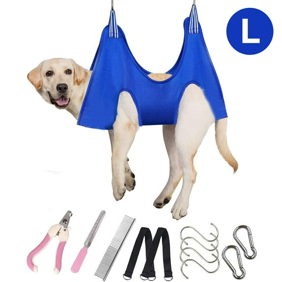 Oneisall Dog Grooming Hammock Harness for Pet Nail Trimming, Breathable Pet Grooming Sling Restraint Bag, Dog Grooming Hammock Helper - Blue L