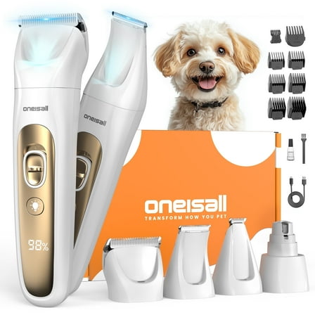 Oneisall HM6 4-in-1 Dog Grooming Kit with LED Light, Cordless Dog Clippers & Dog Paw Trimmer & Dog Nail Grinder, White