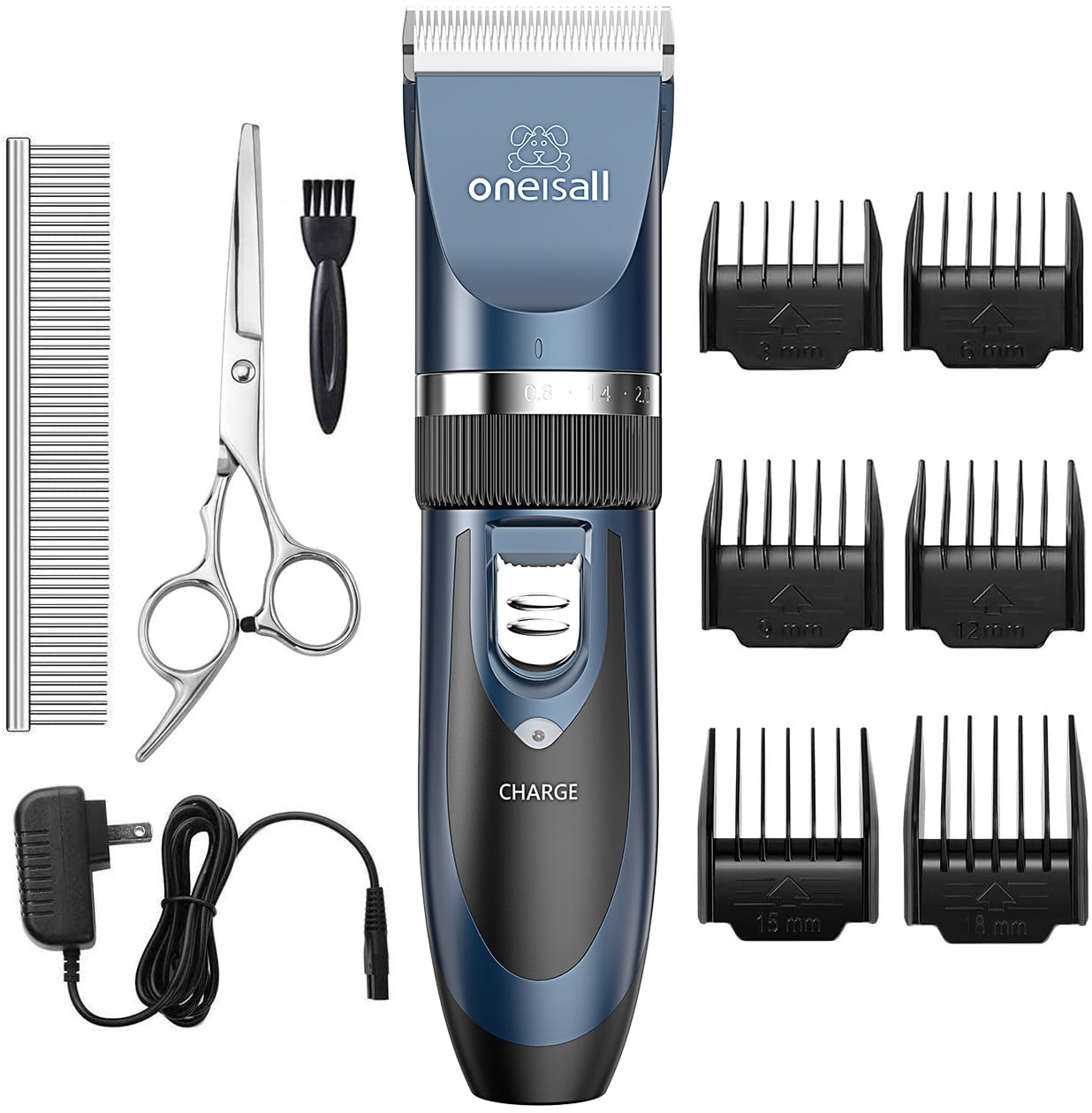 Oneisall Dog Grooming Kit, Quiet Clippers, Rechargeable, 6 Combs, Steel