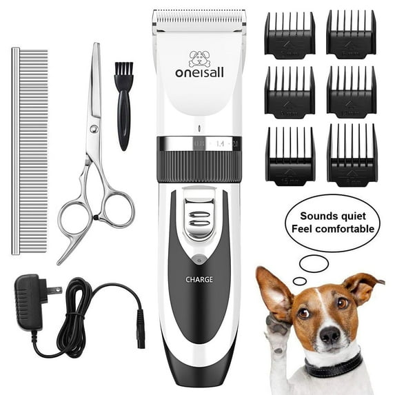 Oneisall P2 Low Noise Dog Grooming Kit, Rechargeable Cordless Dog Clippers for Grooming, Dog Grooming Clippers with 6 Guard Combs & 1 Steel Comb, Shaver Hair Clippers Set for Dogs Cats Pets - White