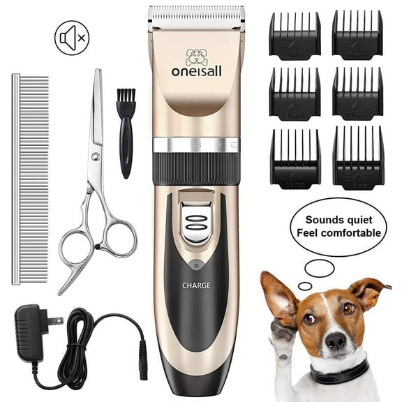 Oneisall P2 Low Noise Dog Grooming Kit, Rechargeable Cordless Dog Clippers for Grooming, Dog Grooming Clippers with 6 Guard Combs & 1 Steel Comb, Shaver Hair Clippers Set for Dogs Cats Pets - Gold