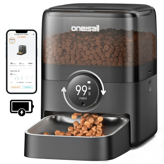 Oneisall PF06 Wireless Automatic Cat Feeder, 12 Cups/3L WiFi Timed Cat Feeder, 100 Day Extended Runtime Pet Feeder, Automatic Cat Food Dispenser for Large Kibble, Smart App Control, Black