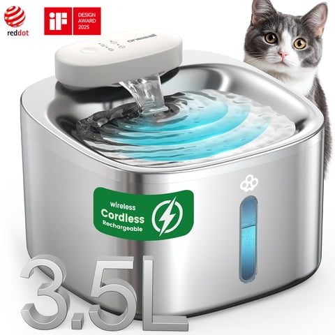 Oneisall CW01 Wireless Cat Water Fountain 304 Stainless Steel, 3.5L/118oz Cordless Water Fountains for Cats Indoor, Silver