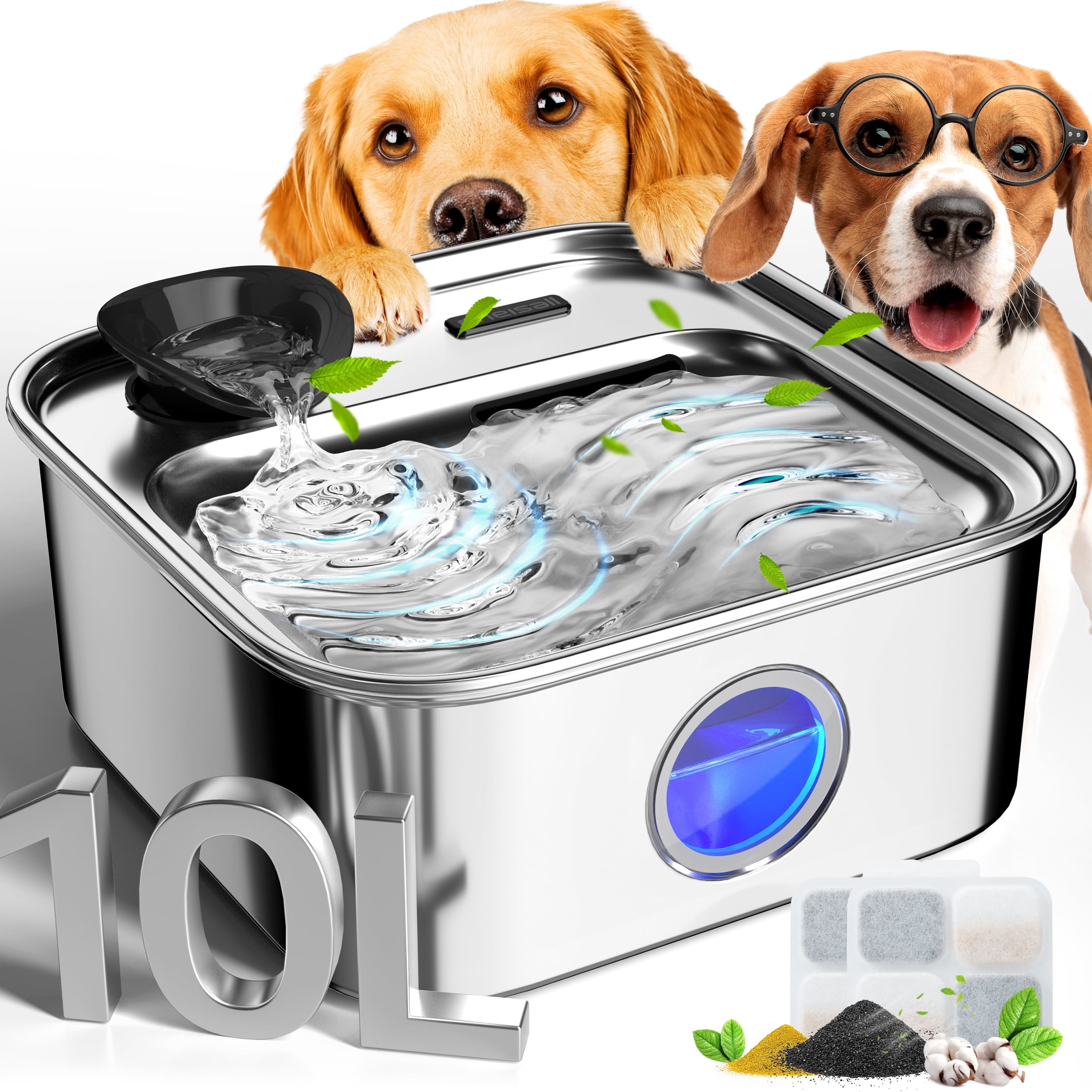 Oneisall PW07 Dog Water Fountain Stainless Steel 304, 10L/2.6Gal Automatic Dog Water Bowl Dispenser with Multi-Filtration & Deeper Drinking Area, Large Dog Wate
