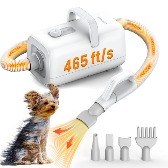 Oneisall S7 Dog Dryer for Pet Grooming, 465 ft/s High Velocity Dog Blow Dryer, Low Noise Dog Hair Dryer with 8.86ft Long Hose, Adjustable Airflow & Heated Cycle, Fast and Efficient Drying, White