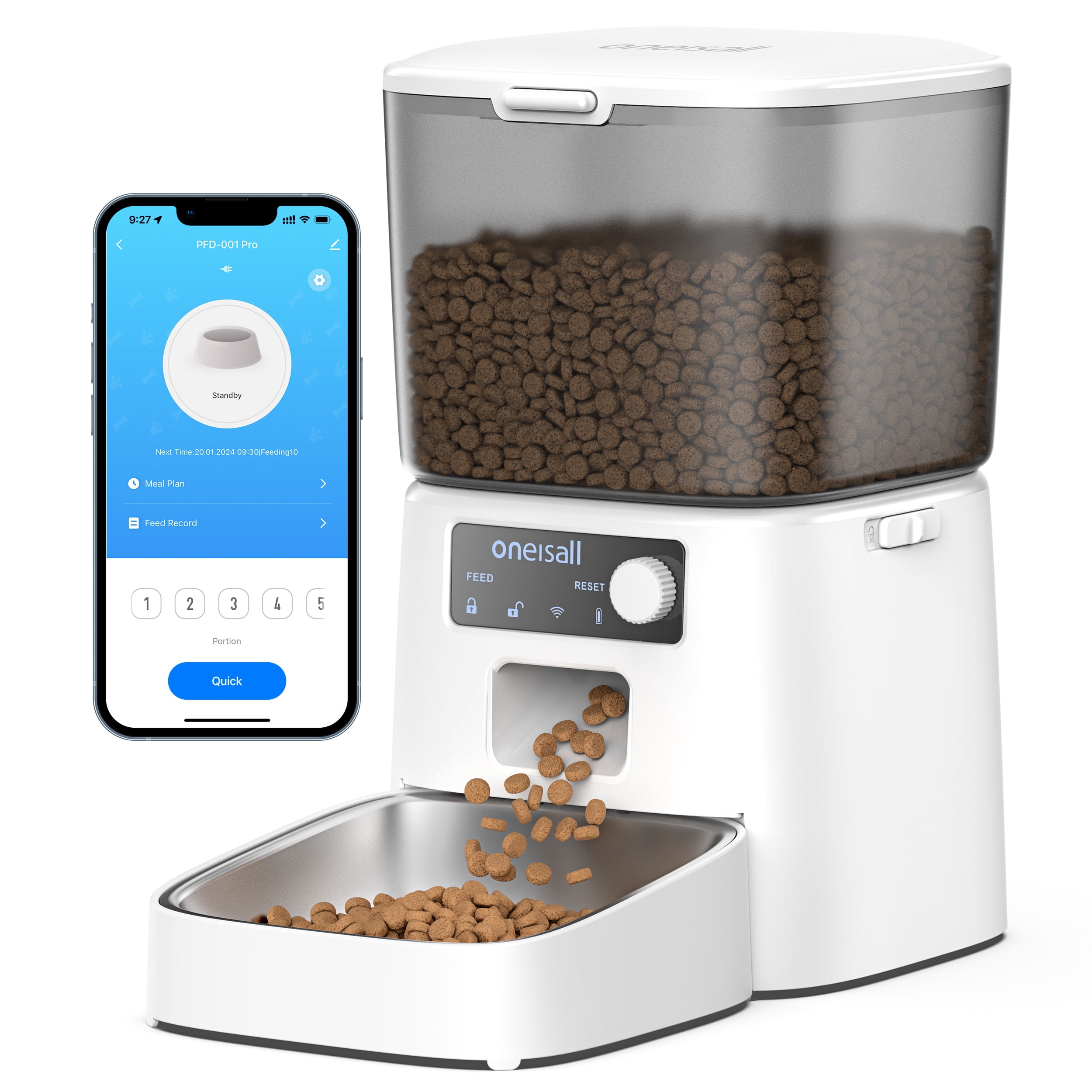 Oneisall WF-53 Automatic Cat Feeder, 2.4GHz WiFi Timed Cat Feeder with App Control, 3.5L/12 Cup Cat Food Dispenser for Dry Food, 10 Meals Per Day Auto Cats Feeder, White