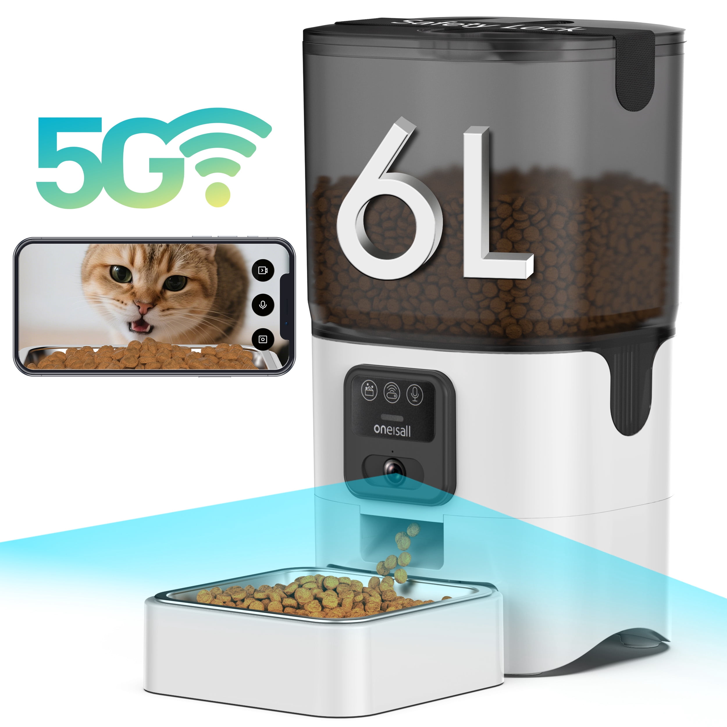 Oneisall WF-63 5GHz & 2.4GHz Automatic Cat Food Dispenser, 6L/25 Cups Automatic Cat Feeder with Camera, White