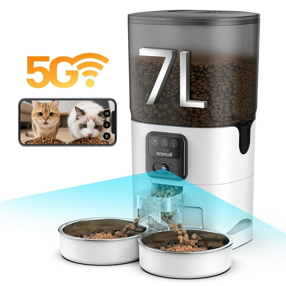Oneisall WF-65 Automatic Cat Food Dispenser for 2 Cats, 5GHz & 2.4GHz Automatic Cat Feeder with Camera, 7L/29 Cups Timed Cat Feeder, White