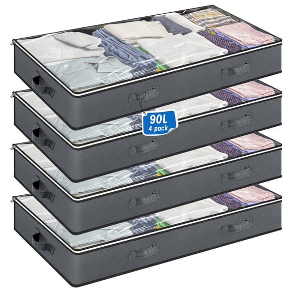 Onekawa 4 Pack Under Bed Storage Bins 90L Foldable Closet Organizers for Blankets, Comforters, Bedding, Sweaters - Clear Window & Dual Zippers, Space Saving Storage Containers with Handles(Gray)