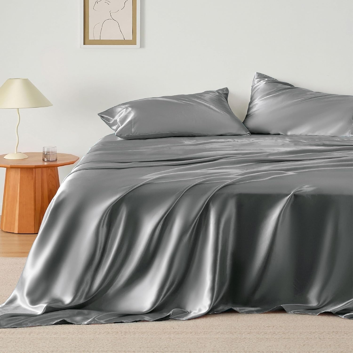 Onekawa Sheets Full Size Bed Set, 4 Piece Satin Silk Cooling Full Bed Sheet Set for Women, Men, Soft Bedding with Extra Deep Pockets, Breathable & Durable Full Sheet Set,Cool Hotel Luxury Bedding