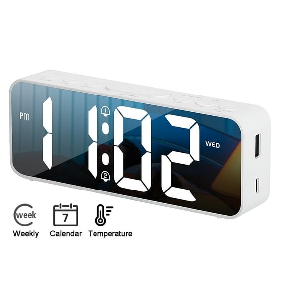 Onekawa 6.5" Digital Alarm Clock for Bederoom,Dimmer Desk Clock with Weekday Calendar & Temperature,Large Numbers LED Display,Adjustable Dual Alarm Volumes,12/24H, Snooze ,White