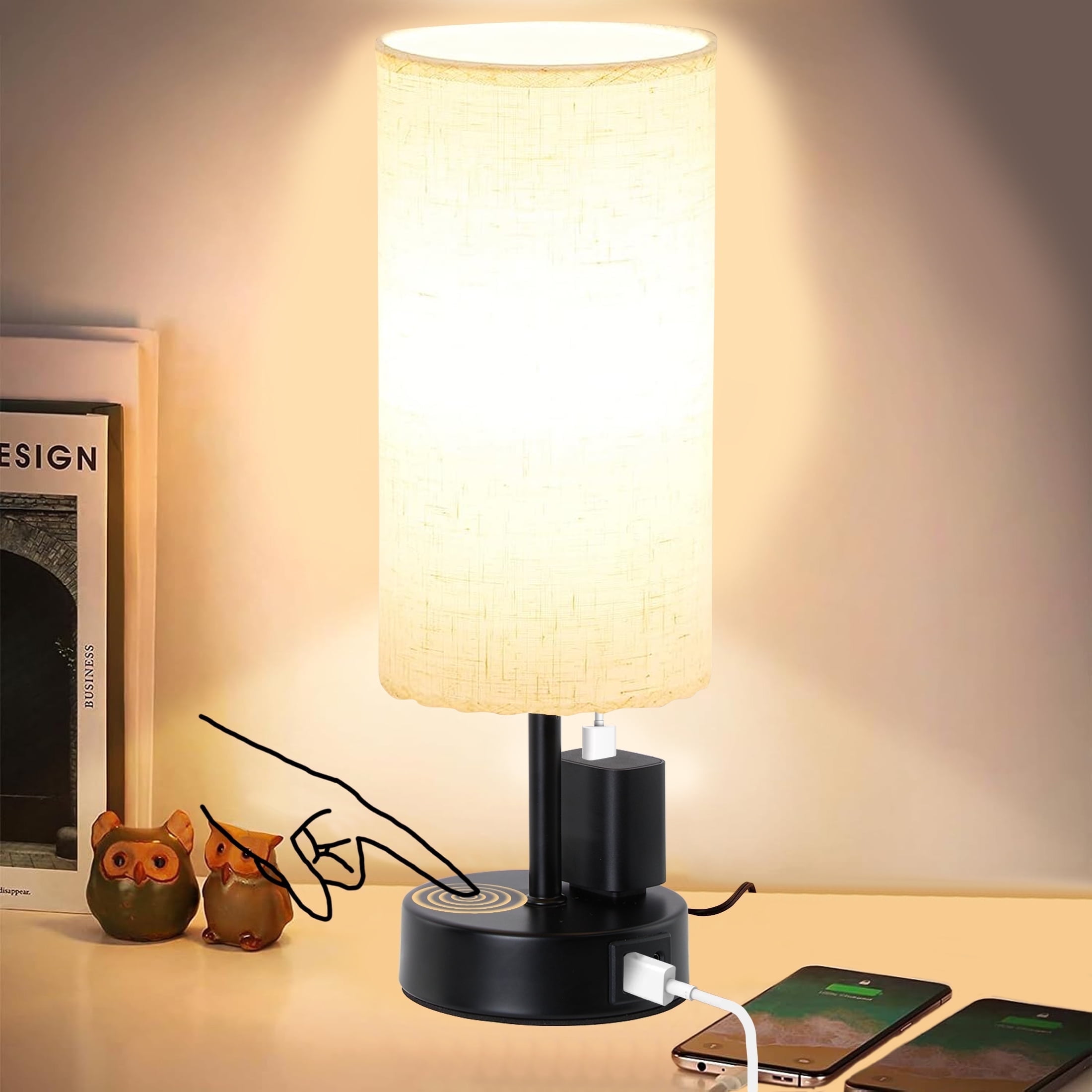 LOFTER-PRO Bedside Table Lamp for bedroom, 3 Way Dimmable Touch Lamp with USB Port and AC Outlet, Small Desk Lamp for Night Stands, Living Room, Office