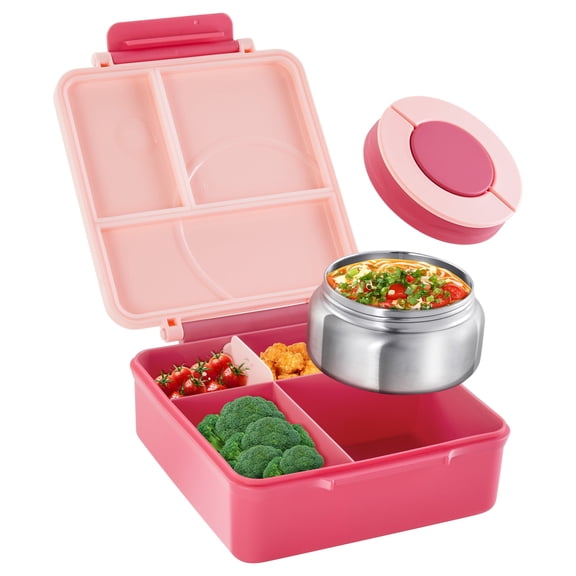 Onekawa Bento Box with 9oz Thermos Flask, Leak-proof Lunch Food Container with 4 Compartments, Insulated Food Jar,Bento Box Thermos for Travel, Picnic(Pale Pink)
