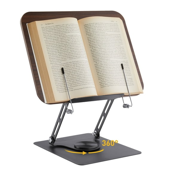 Onekawa Book Stand for Reading,Adjustable Book Holder with 360 Swivel Base & Page Clips,Wooden Panel Aluminium Base,Suitable for Music Scores, Recipe, Tablet, Laptop
